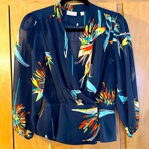 🦋 New York & Company peplum sheer 3/4 sleeve bird of paradise blouse top small